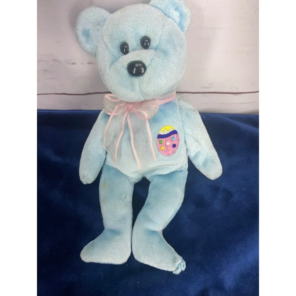 2001 Ty Beanie‎ Eggs II Blue Teddy Bear With Pink Bow & Easter Egg Patch